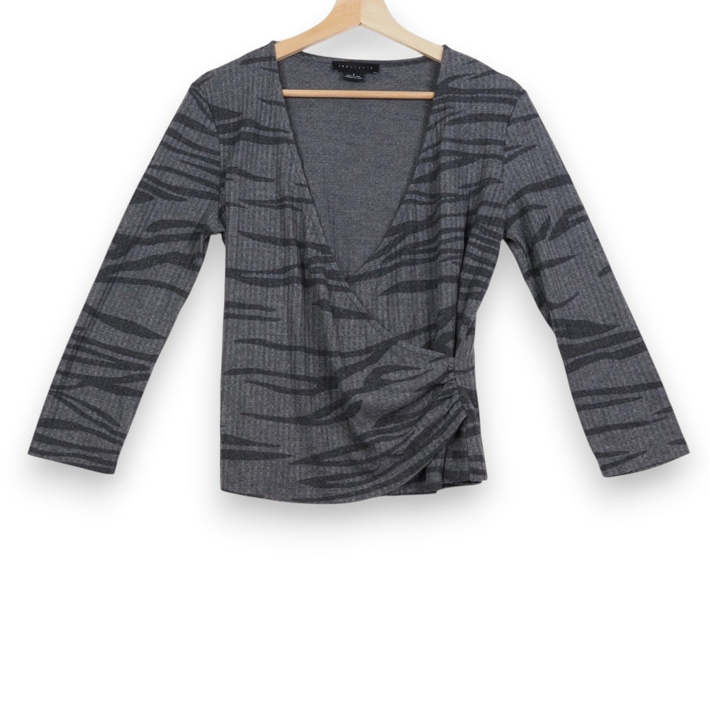 Sanctuary Womens Wrap Top S Gray Knit Ruched Surplice‎ Long Sleeve Layering